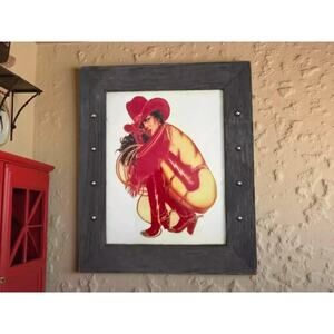Rustic Cowgirl Pin-Up Art | Barnwood Frame, Double-Sided Western Decor